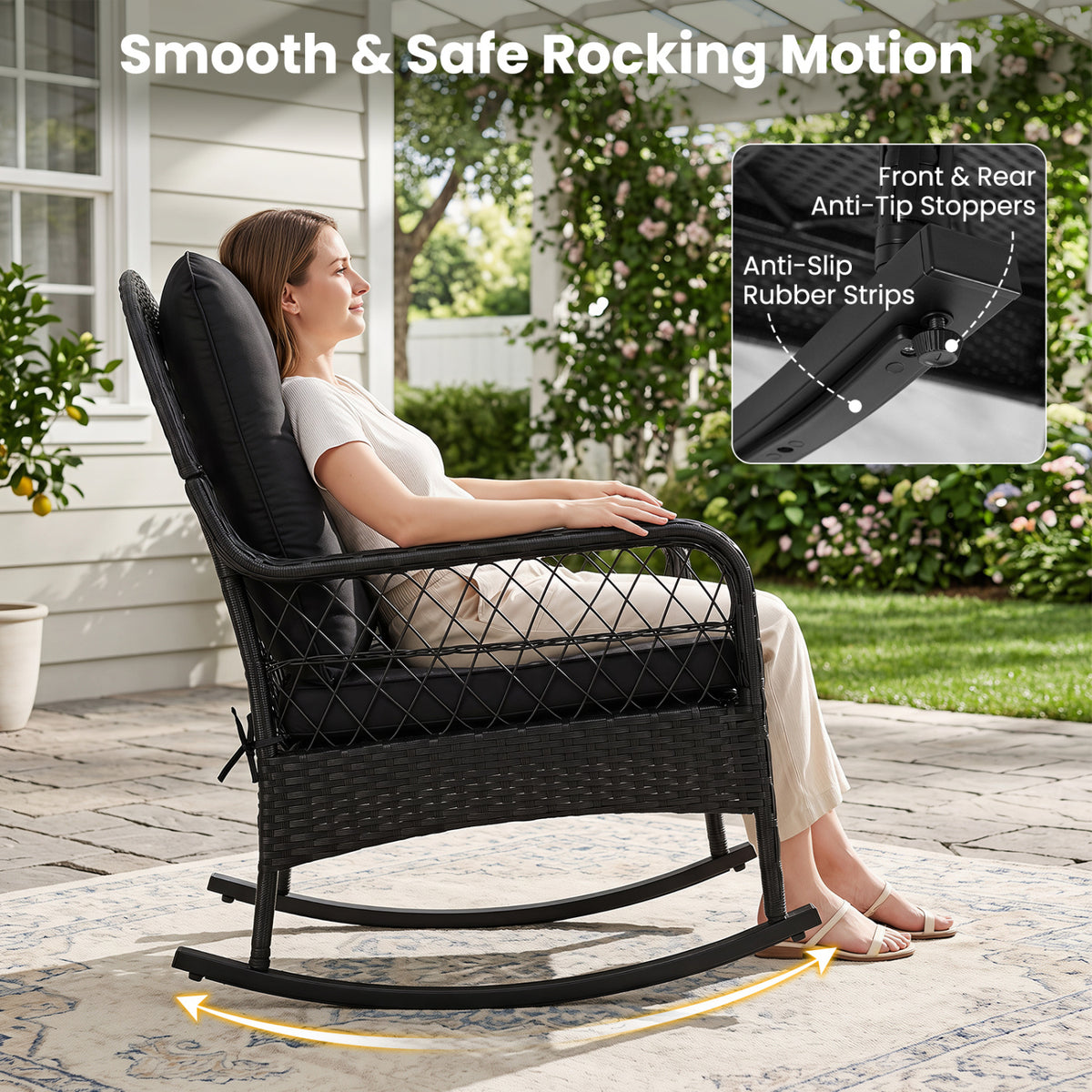 Outdoor Wicker Rocking Chair with Anti-Tip Stoppers and Thick