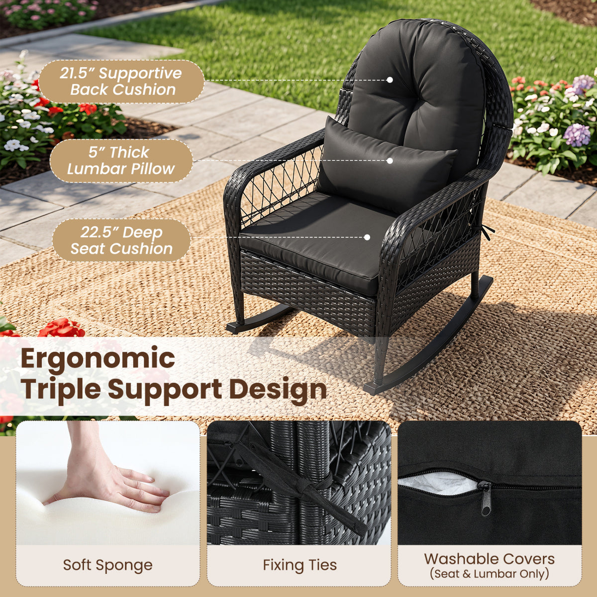 Outdoor Wicker Rocking Chair with Anti-Tip Stoppers and Thick