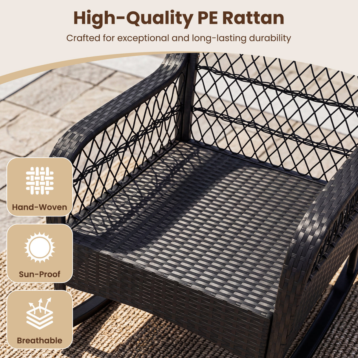 Outdoor Wicker Rocking Chair with Anti-Tip Stoppers and Thick