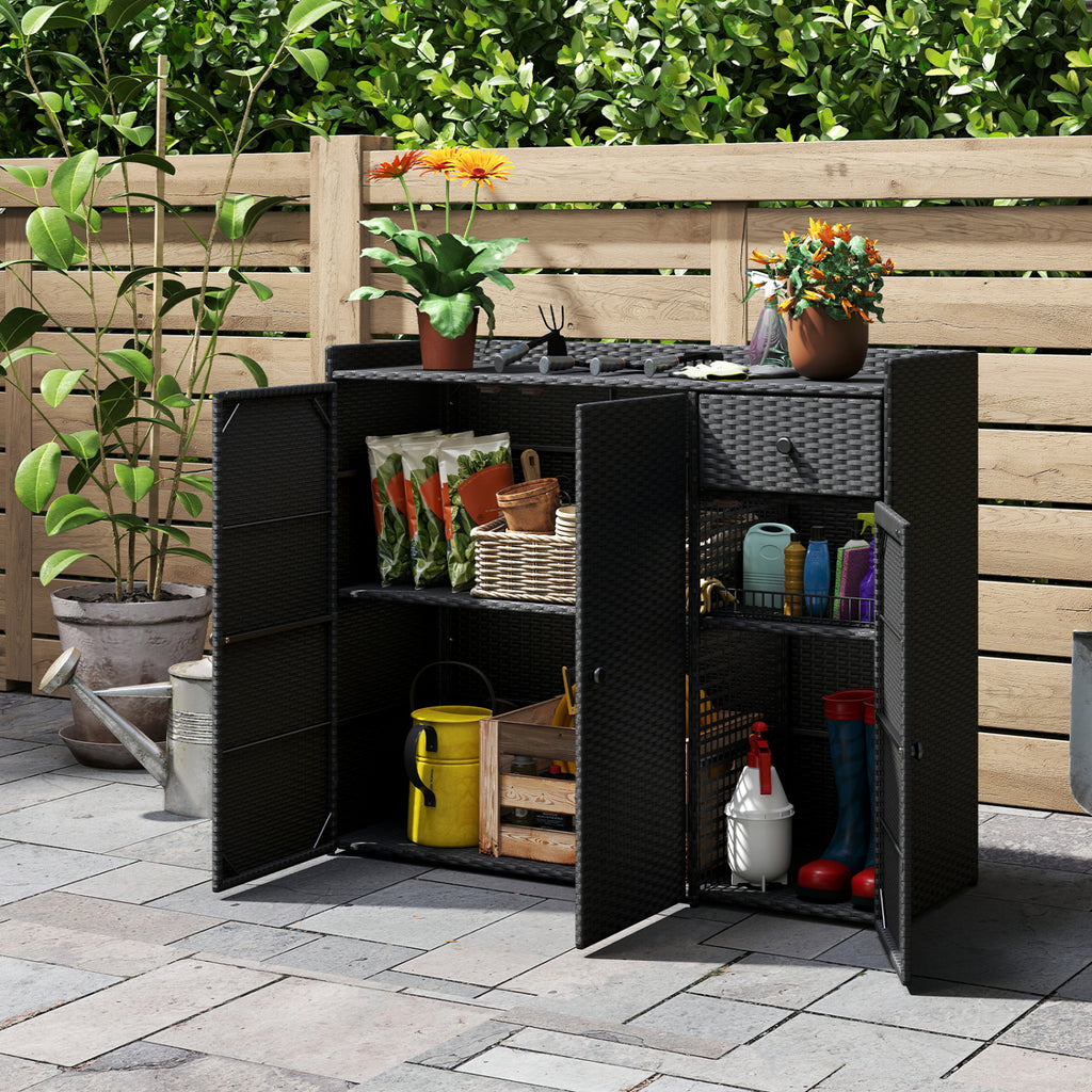 3-Door Outdoor PE Wicker Storage Cabinet - Black