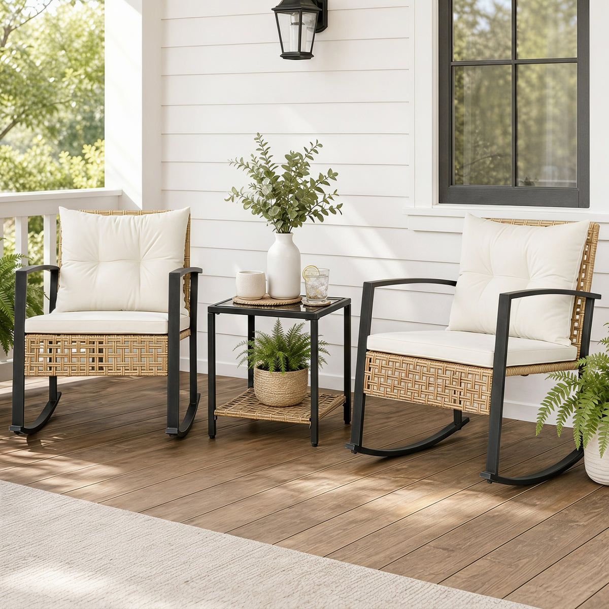 3-Piece Rattan Wicker Patio Conversation Set for Porch Balcony Garden