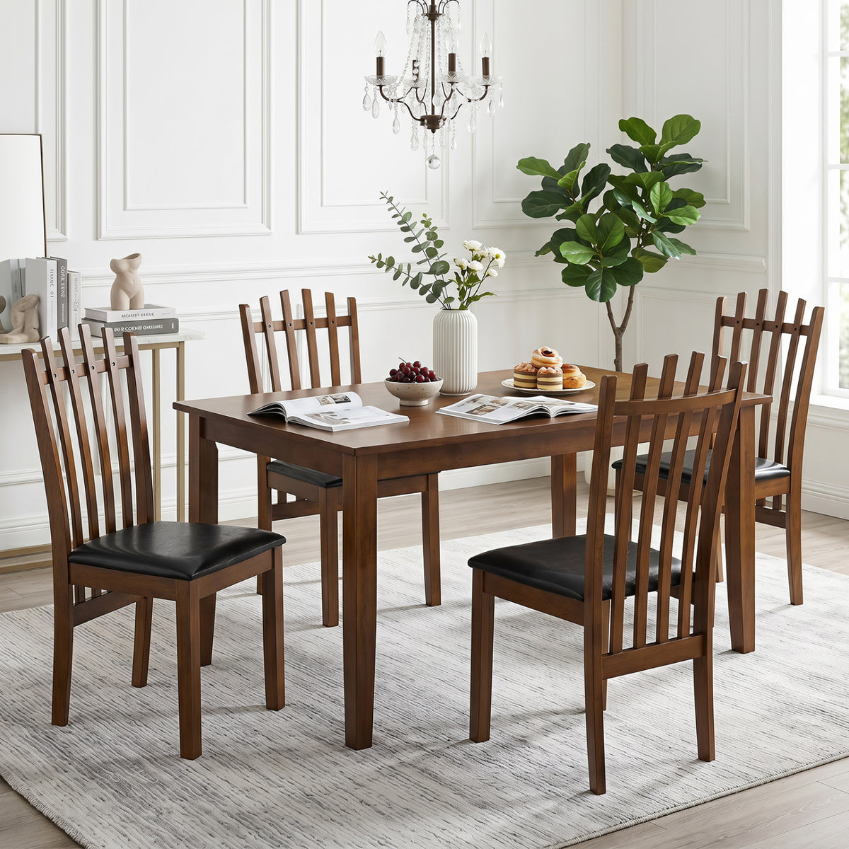 Wooden Dining Chair Set of 4, Black - PU Leather Seat