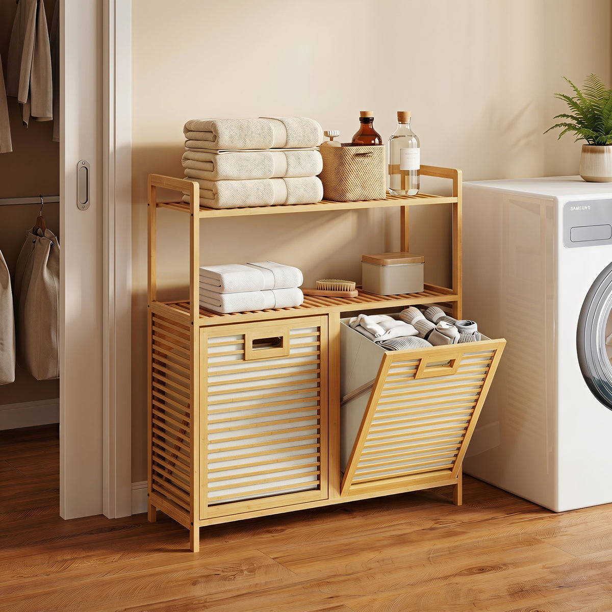 Double Tilt-Out Laundry Hamper with 2 Shelves - Natural