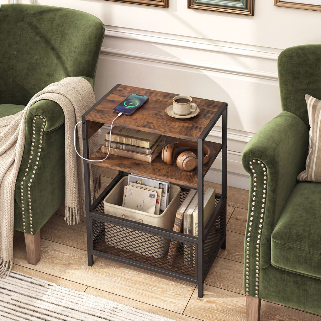 3-Tier Industrial Side Table with Outlets & USB Ports - Rustic Brown