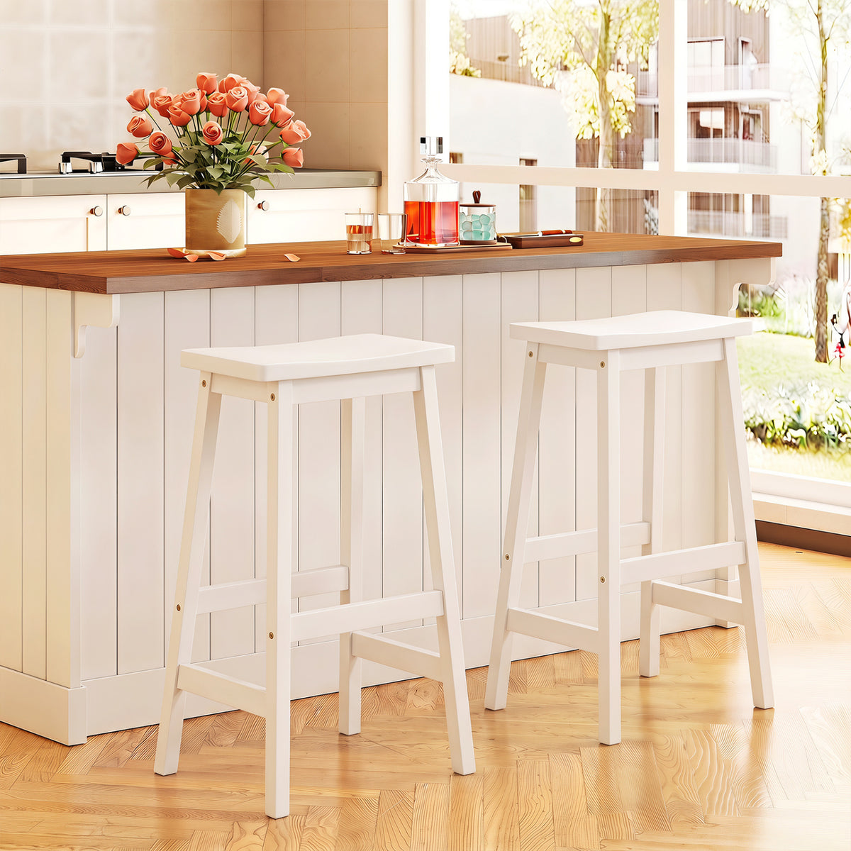 29-Inch Counter Height Stools with Saddle Seat, Set of 2 - Beige