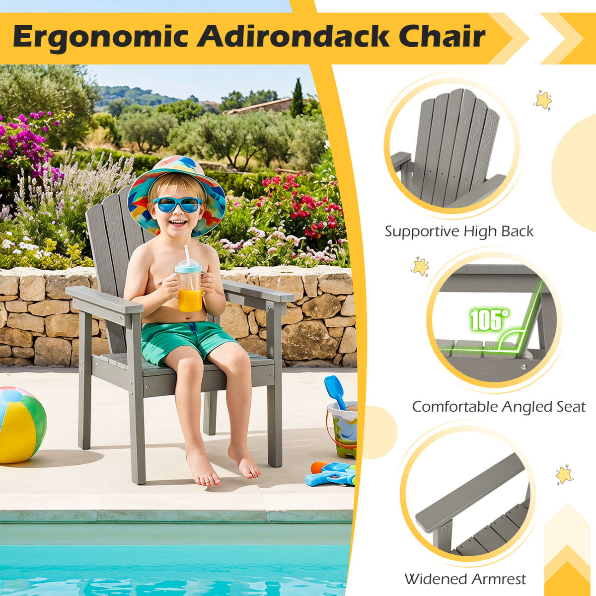 Outdoor Adirondack Chair with High Backrest and Wide Armrests for