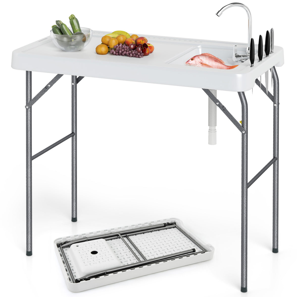 Folding Fish Cleaning Table with Rotatable Faucet & Drainage Hose for