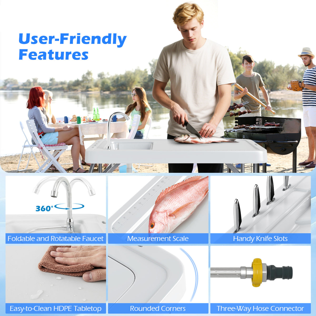 Folding Fish Cleaning Table with Rotatable Faucet & Drainage Hose for