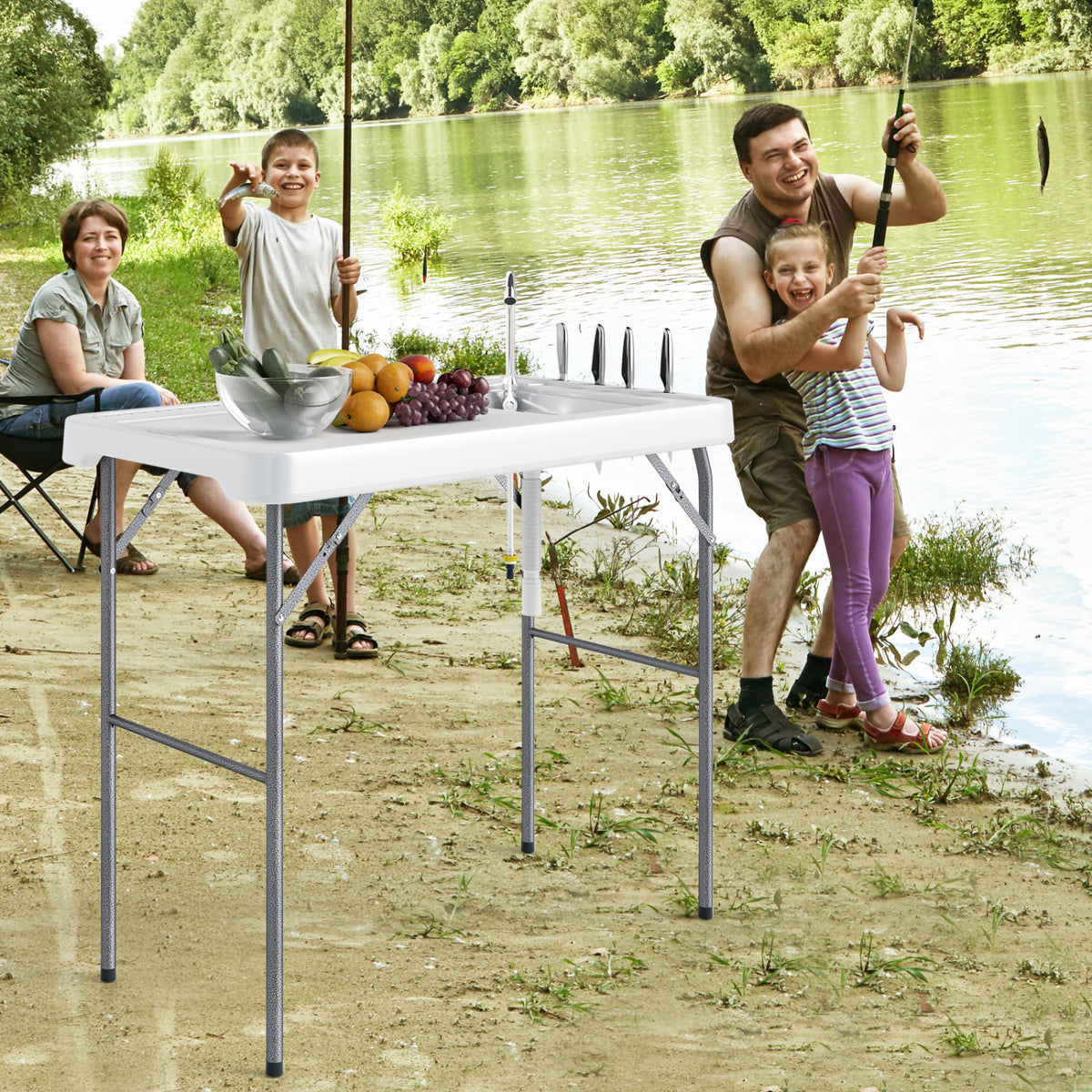 Folding Fish Cleaning Table with Rotatable Faucet & Drainage Hose for