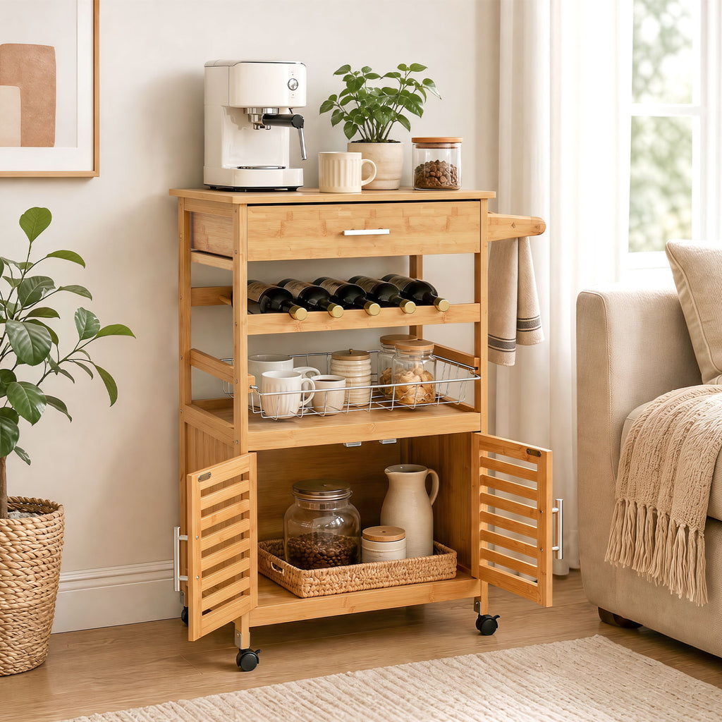 Bamboo Rolling Kitchen Island Trolley with Wine Rack - Natural