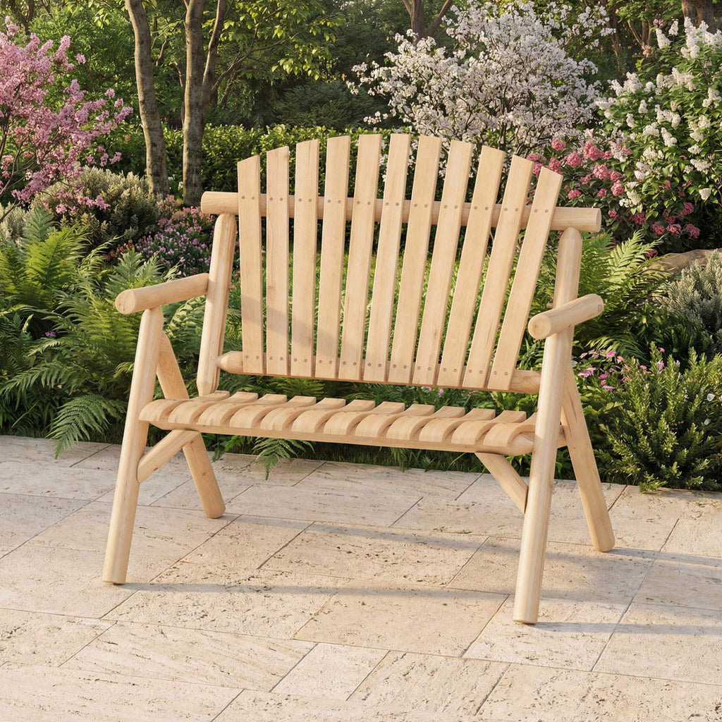 2-Person Log Wood Patio Bench with Slatted Backrest for Deck Backyard