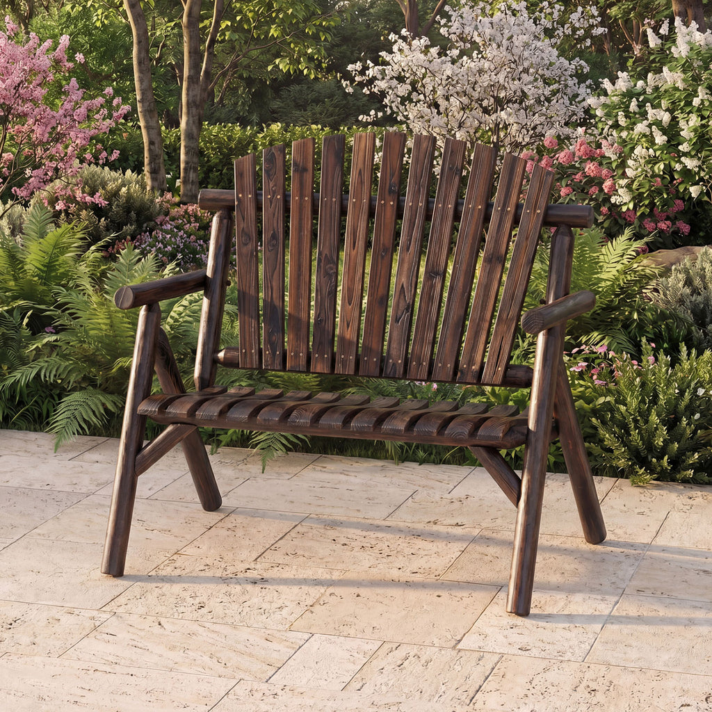 2-Person Log Wood Patio Bench with Slatted Backrest for Deck Backyard