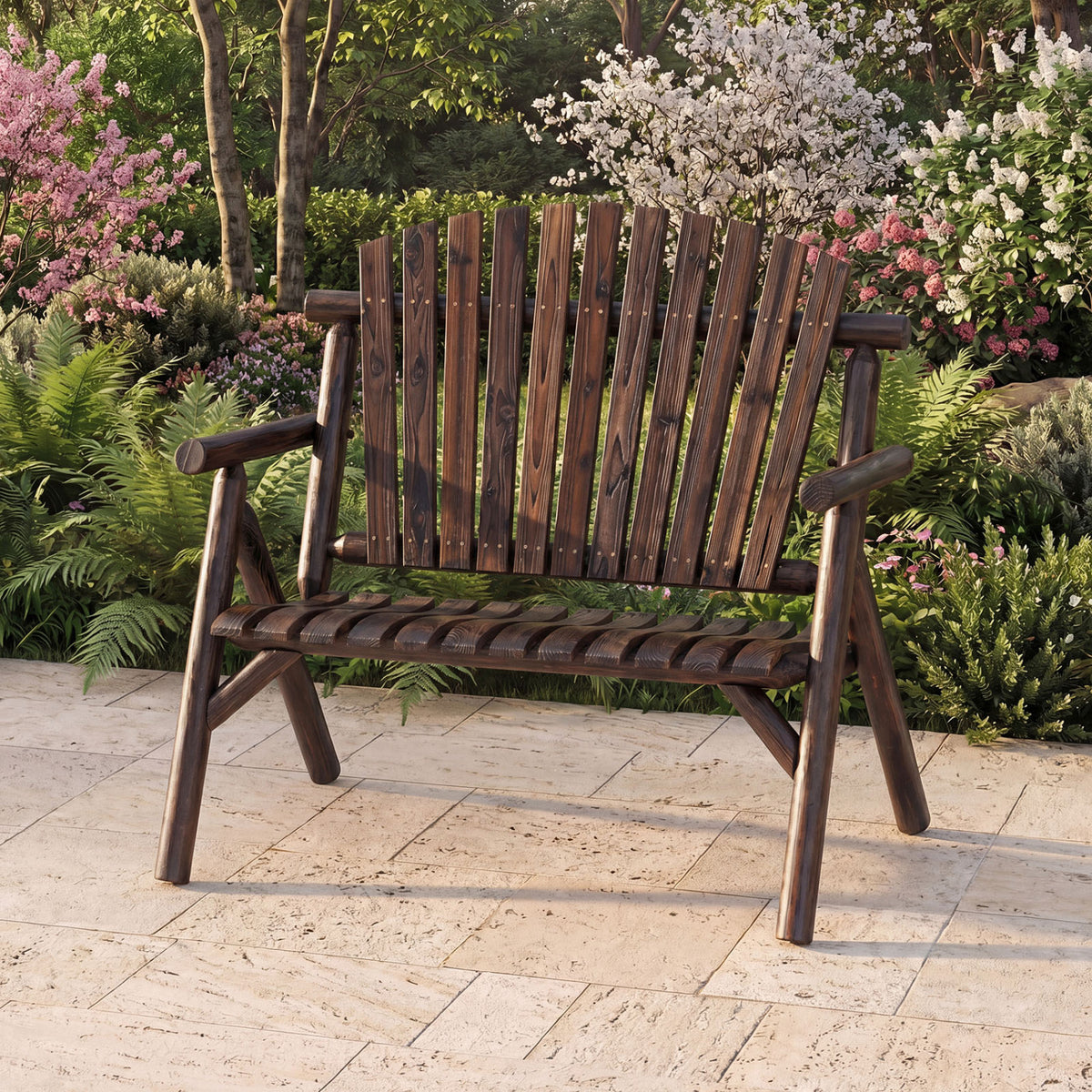 2-Person Log Wood Patio Bench with Slatted Backrest for Deck Backyard