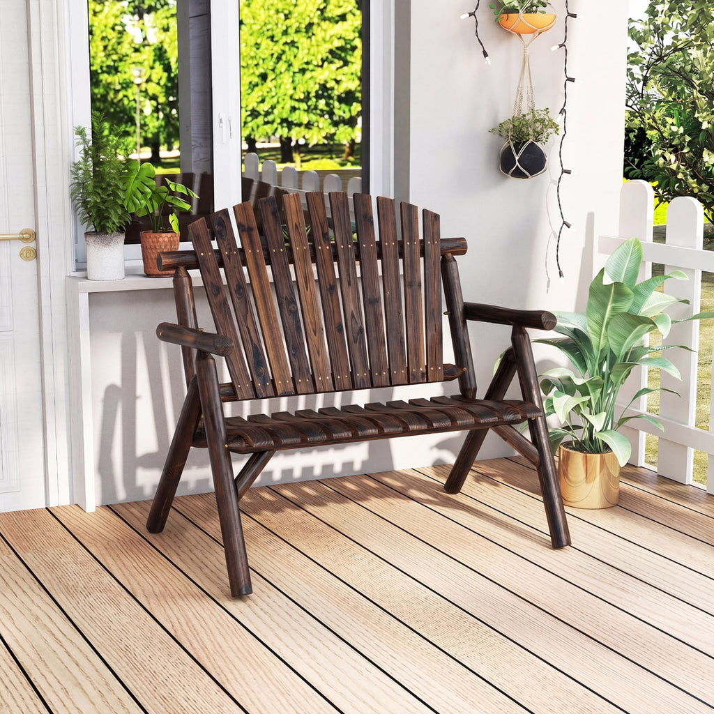 2-Person Log Wood Patio Bench with Slatted Backrest for Deck Backyard