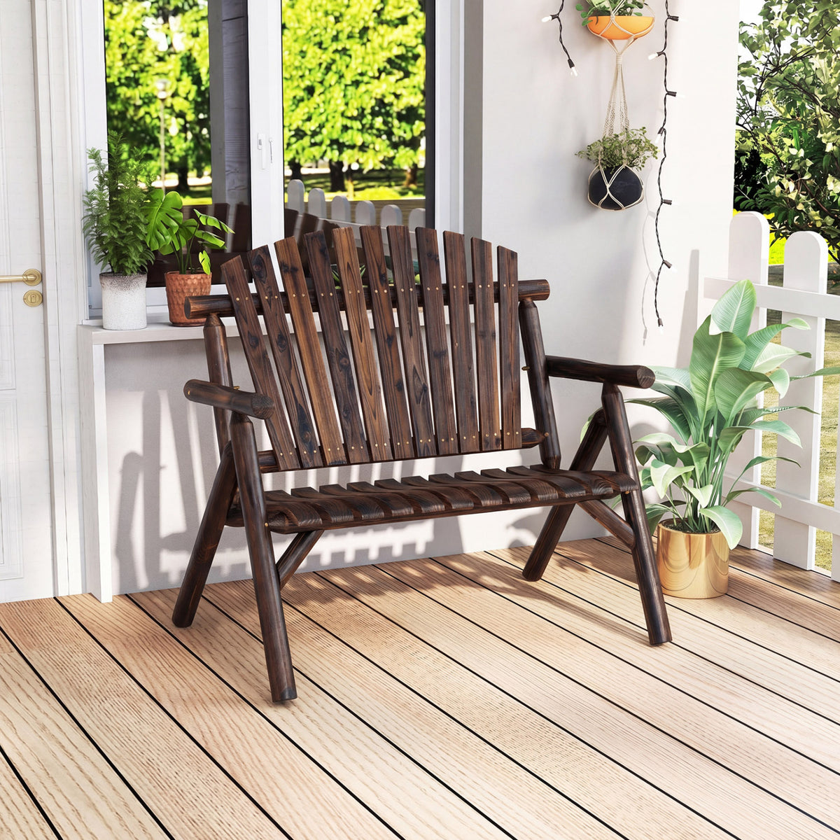 2-Person Log Wood Patio Bench with Slatted Backrest for Deck Backyard