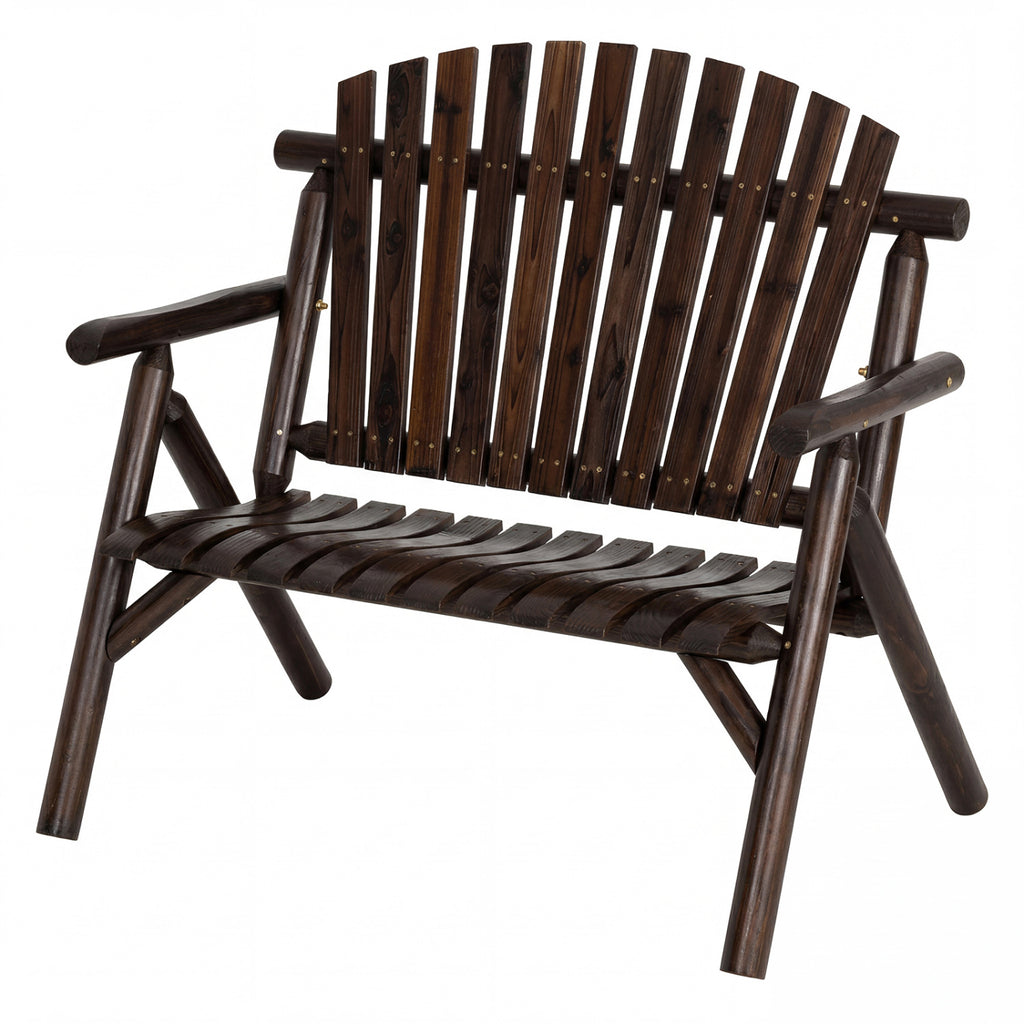 2-Person Log Wood Patio Bench with Slatted Backrest for Deck Backyard