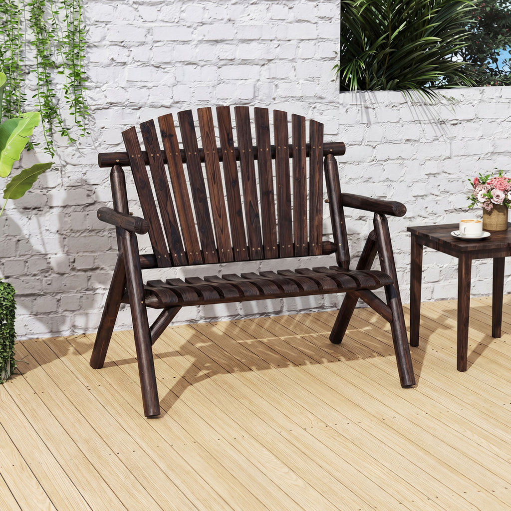 2-Person Log Wood Patio Bench with Slatted Backrest for Deck Backyard