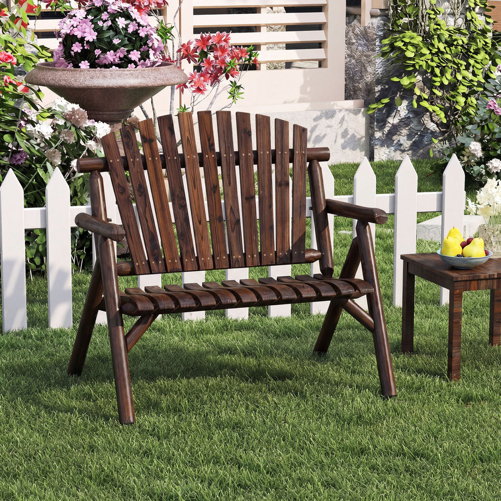 2-Person Log Wood Patio Bench with Slatted Backrest for Deck Backyard