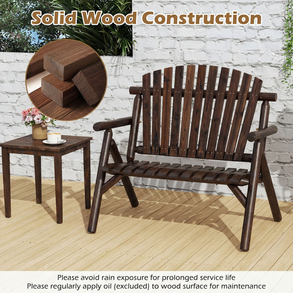 2-Person Log Wood Patio Bench with Slatted Backrest for Deck Backyard