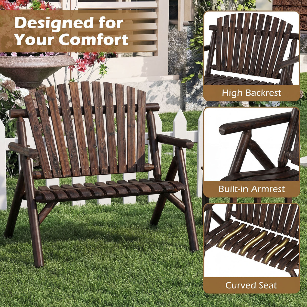 2-Person Log Wood Patio Bench with Slatted Backrest for Deck Backyard