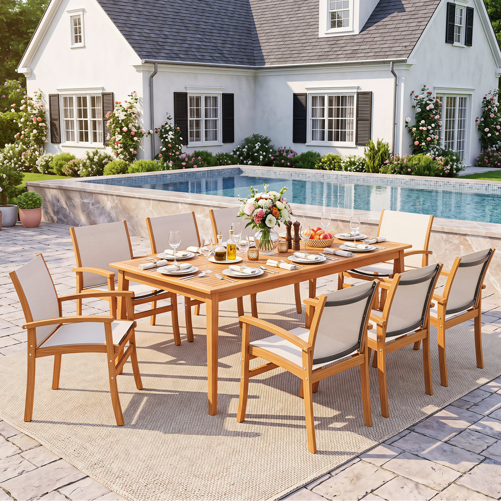 9-Piece Acacia Wood Outdoor Patio Dining Set with 80” Rectangular