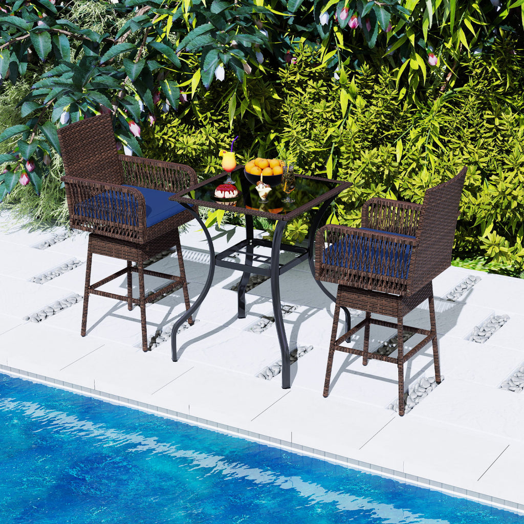 29” Bar Height Patio 360° Swivel Stool with Cross-Woven Armrests