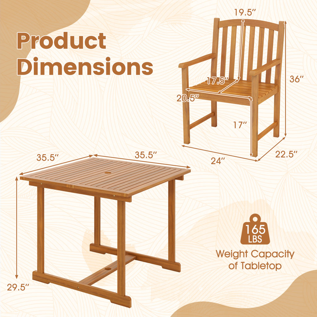 5-Piece Outdoor Square Patio Dining Set for 4 with Acacia Table &
