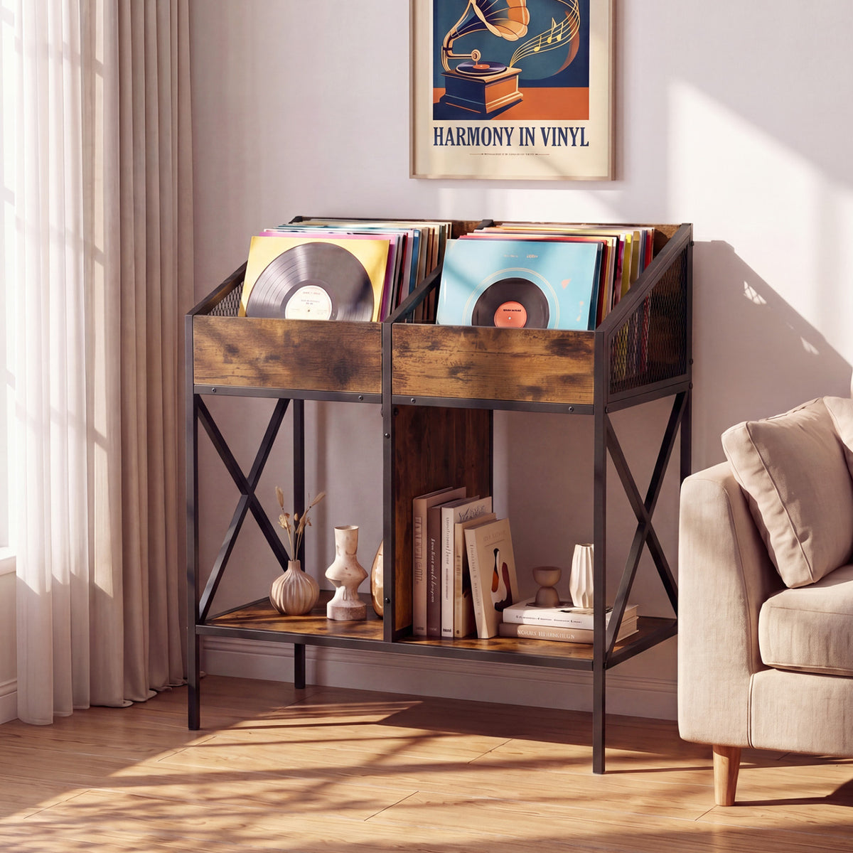 Vinyl Record Display Stand with Metal Frame - Rustic Brown