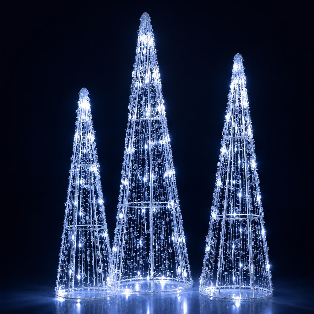 Pre-lit Christmas Cone Trees Set of 3 - Off White with Star Strings & Beads