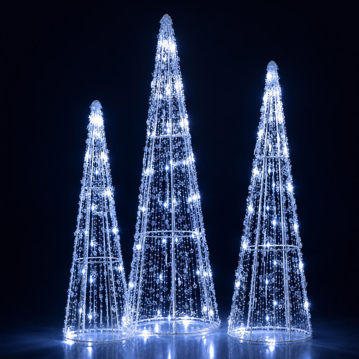 Pre-lit Christmas Cone Trees Set of 3 - Off White with Star Strings & Beads