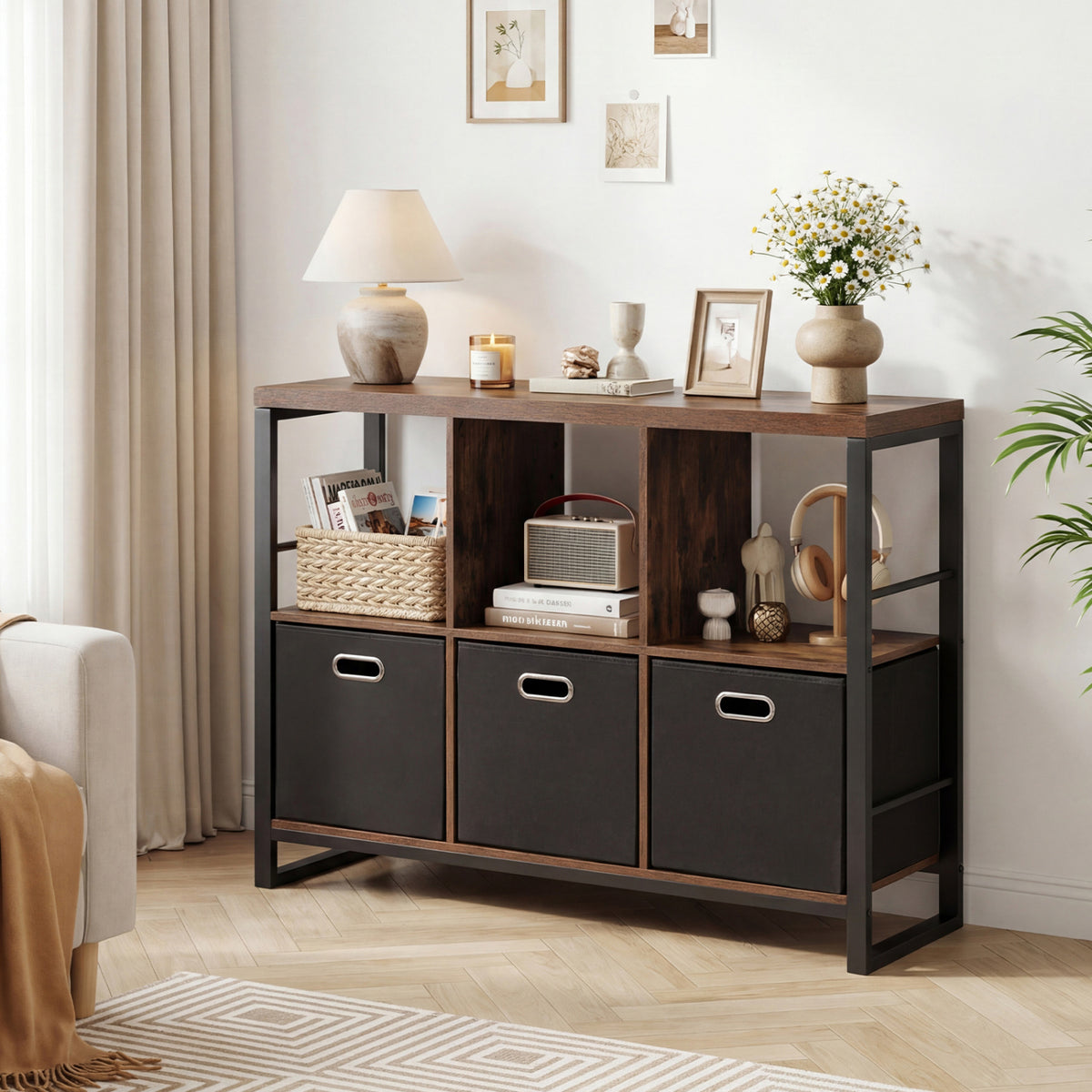 6 Cube Industrial Short Bookshelf with 3 Bins & Metal Frame and Open