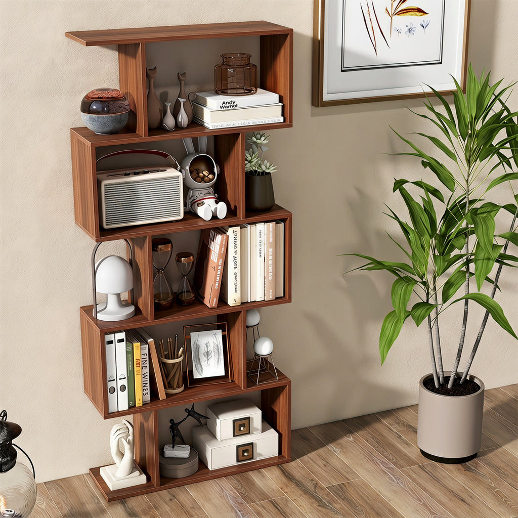 5-Tier S-Shaped Bookshelf with Anti-Tip Kit for Living Room Home