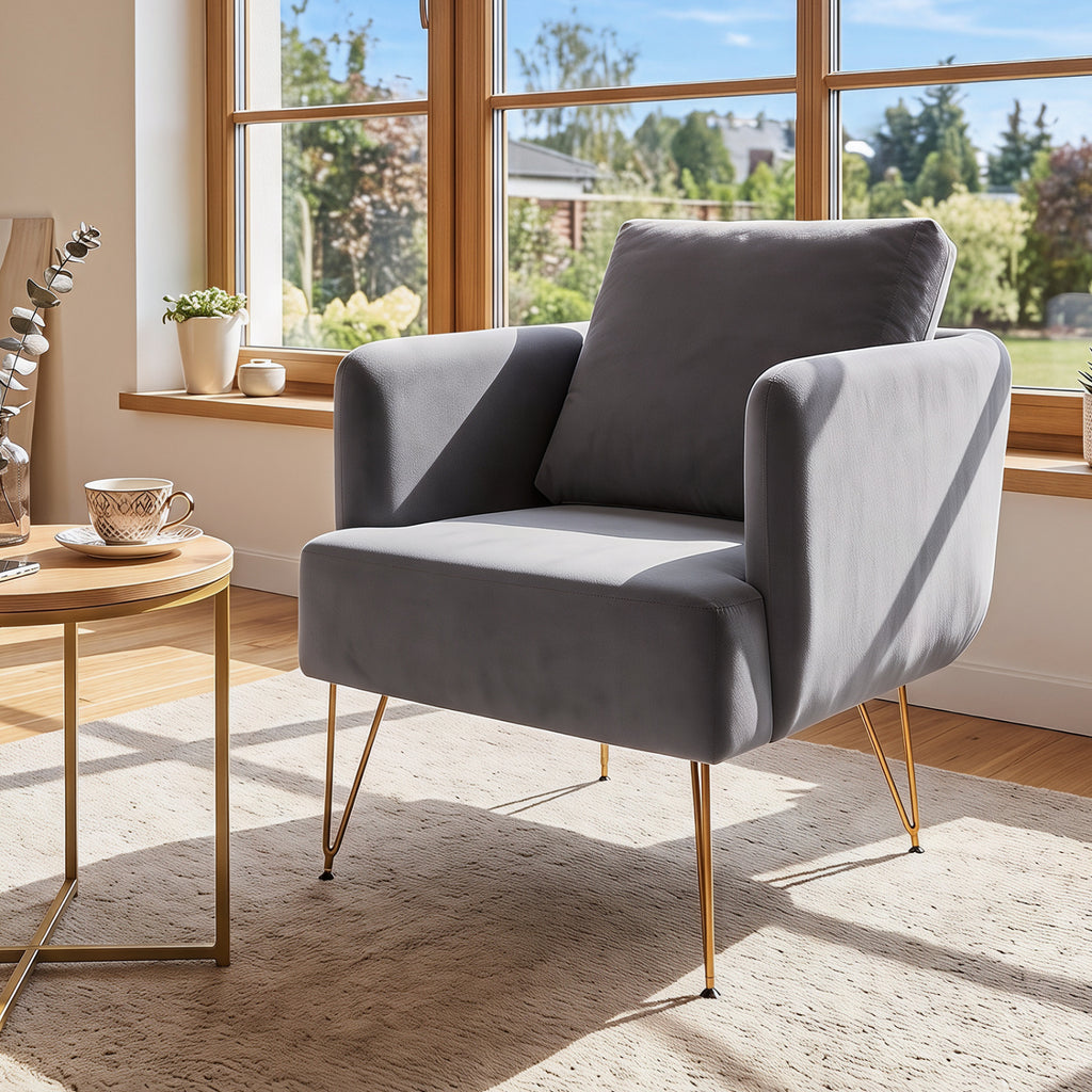 Modern Accent Chair with Back Cushion & Golden Metal Legs - Gray