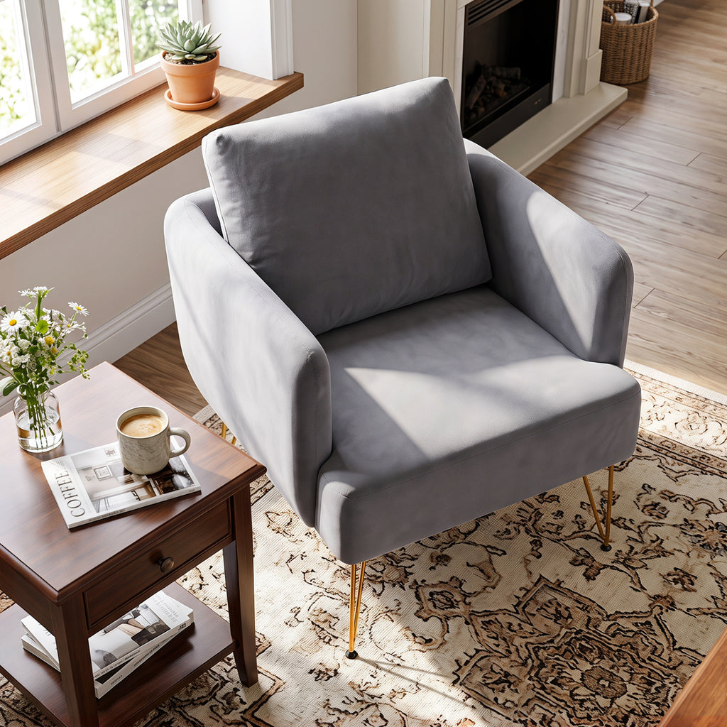 Modern Accent Chair with Back Cushion & Golden Metal Legs - Gray