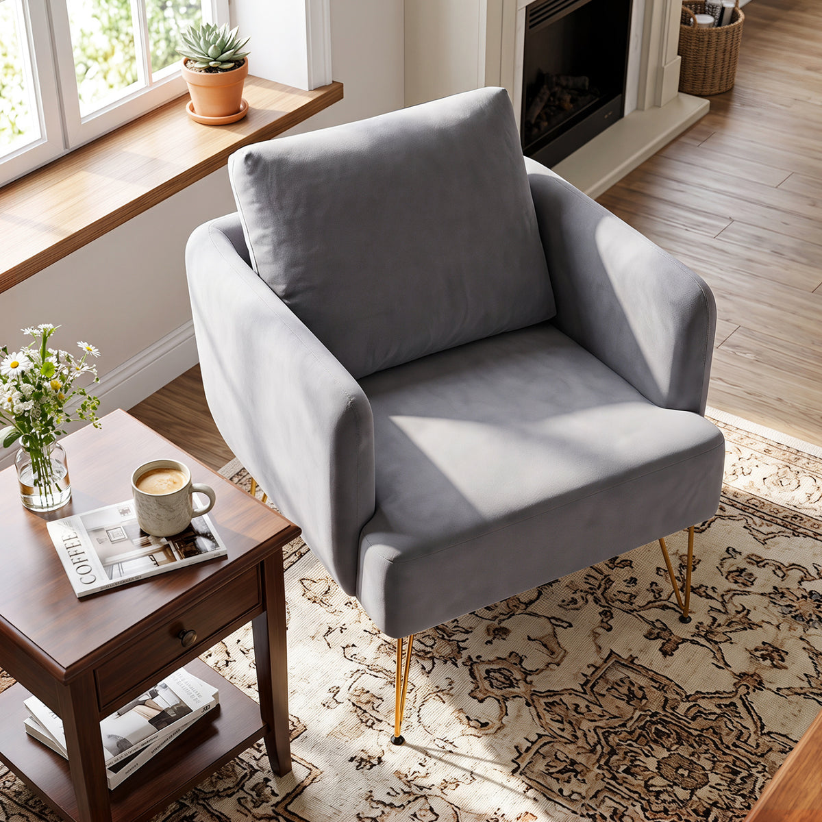 Modern Accent Chair with Back Cushion & Golden Metal Legs - Gray