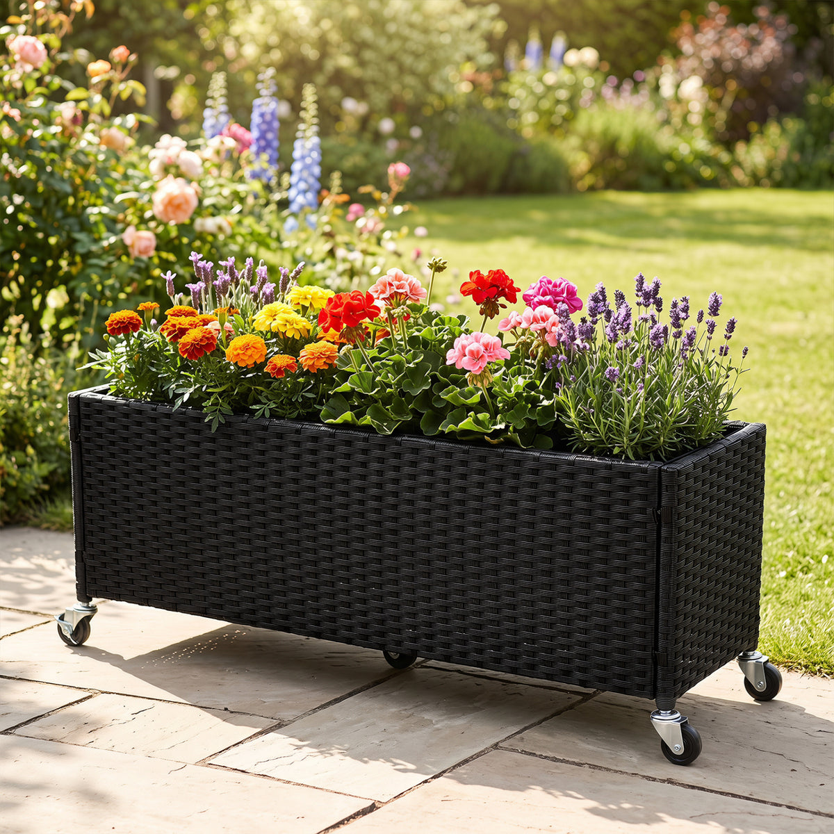 Raised Garden Bed PE Rattan Wicker Patio Planter Box with Liner and