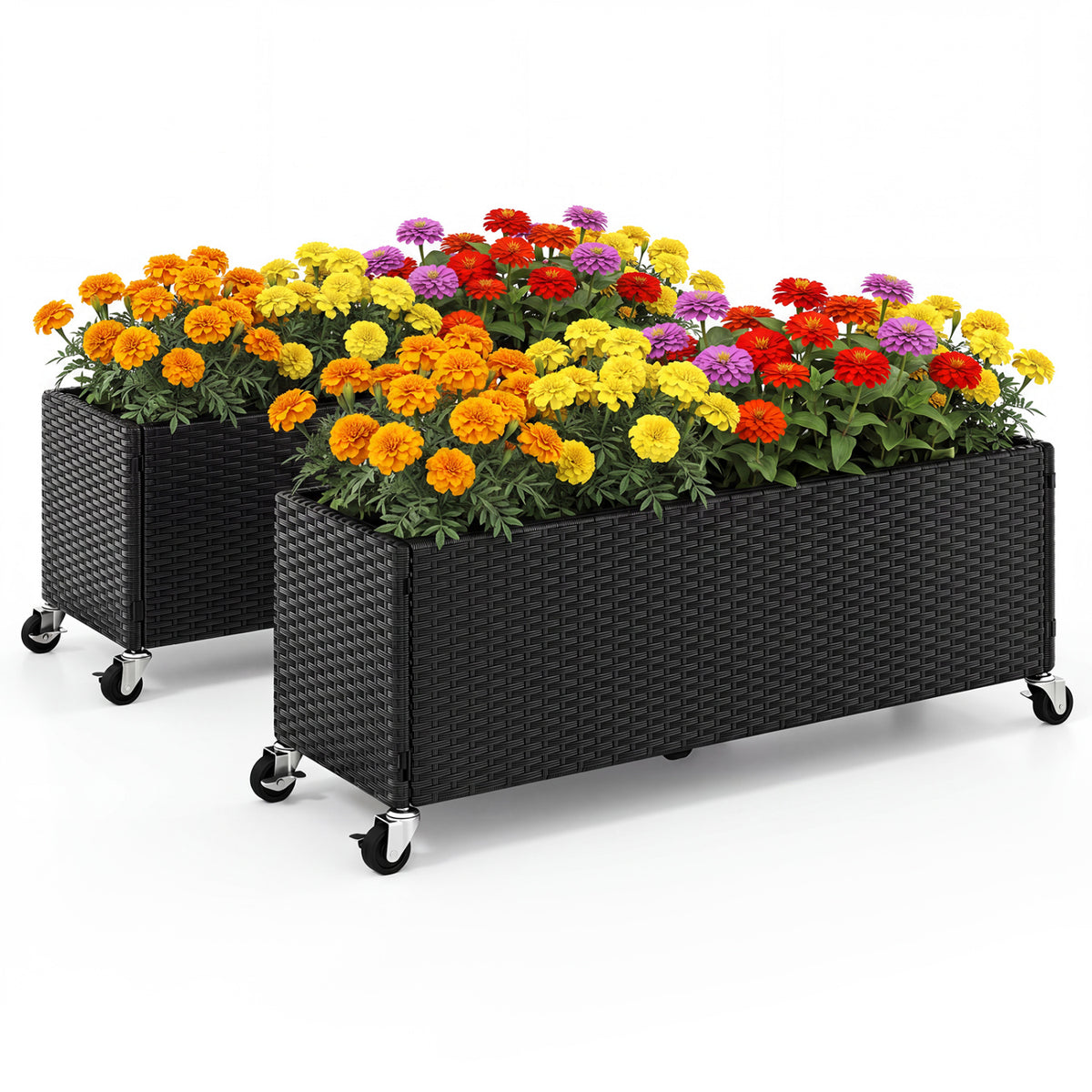 Set of 2 Raised Garden Bed PE Rattan Wicker Patio Planter Box with