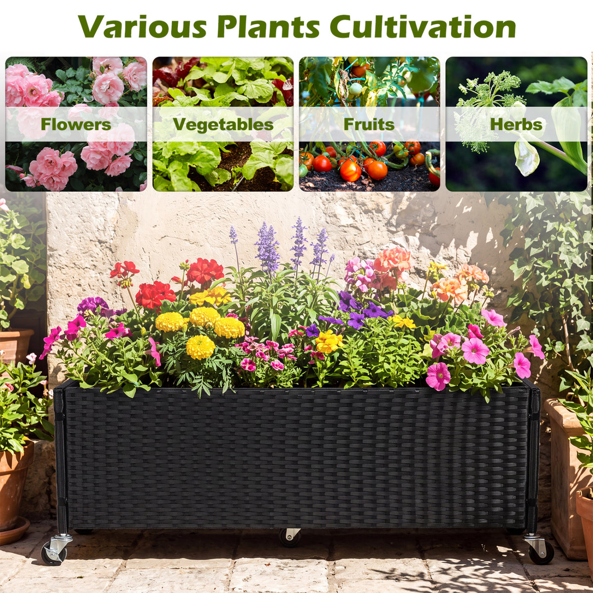 Set of 2 Raised Garden Bed PE Rattan Wicker Patio Planter Box with