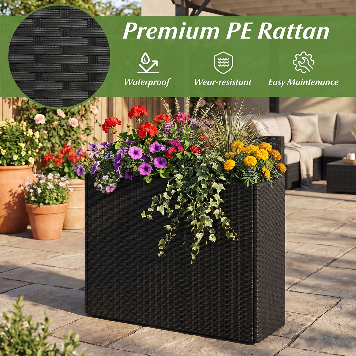 Set of 2 Raised Garden Bed All-Weather PE Rattan Wicker Flowerpot