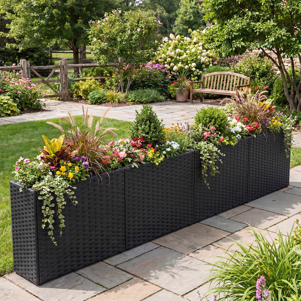 Set of 2 Raised Garden Bed All-Weather PE Rattan Wicker Flowerpot