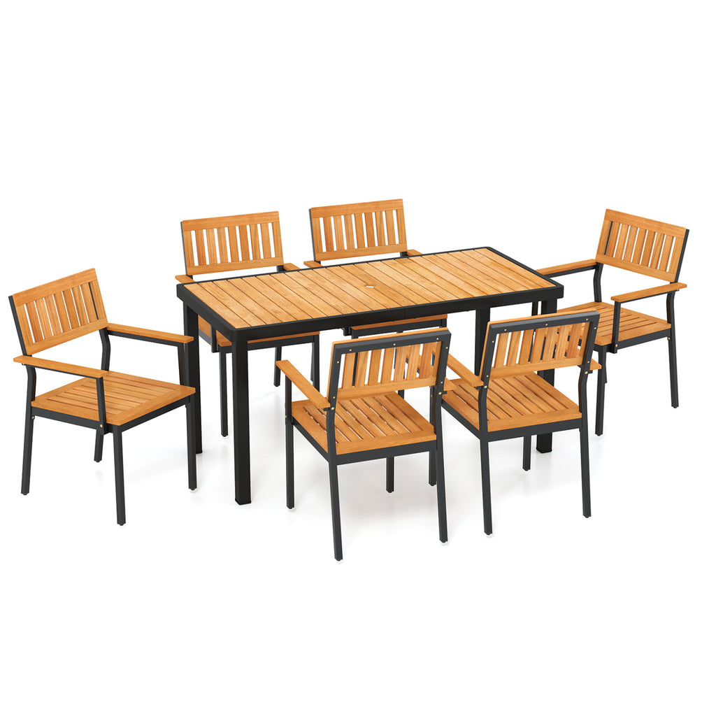 7-Piece Outdoor Dining Set for 6 with Acacia Table & Armchairs and