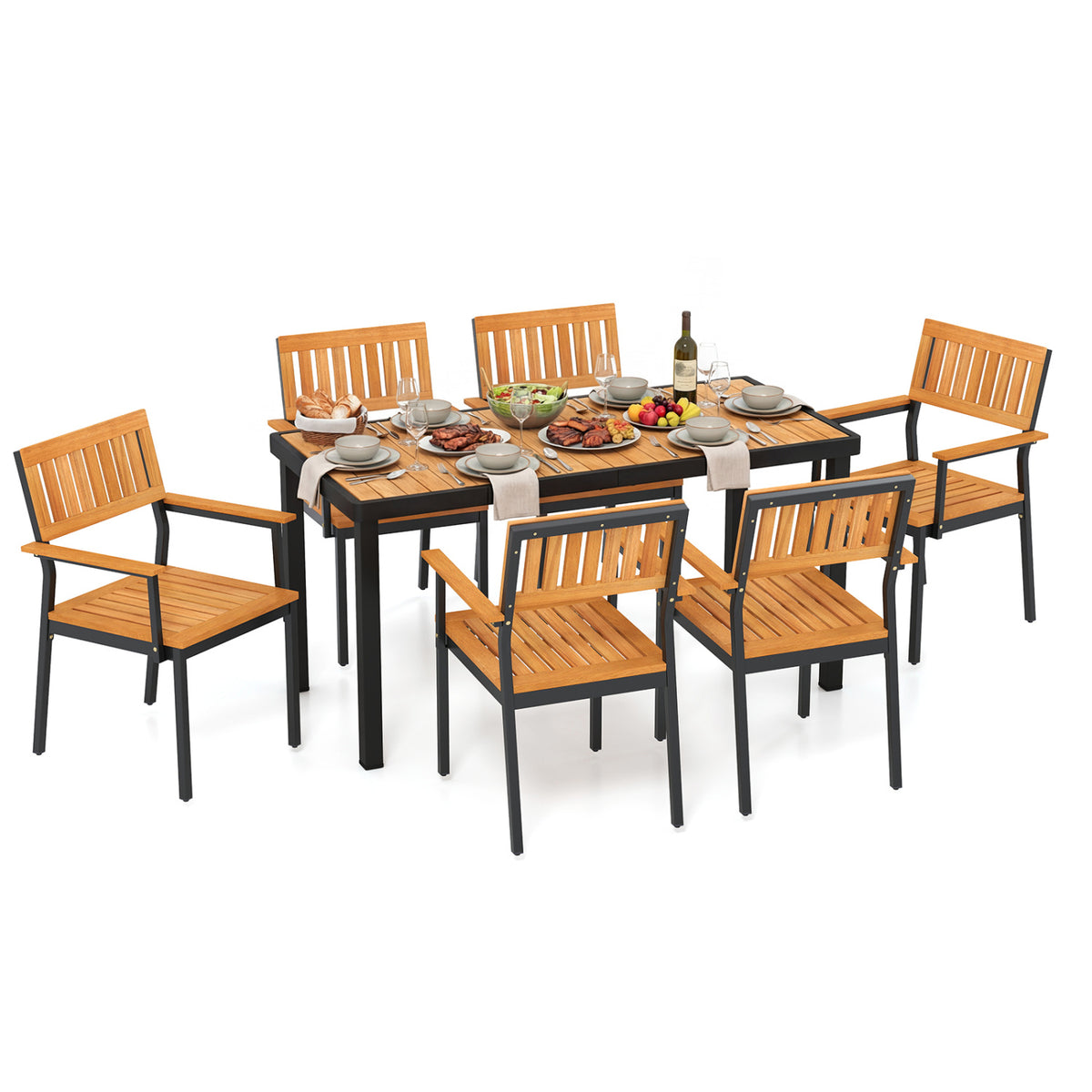 7-Piece Outdoor Dining Set for 6 with Acacia Table & Armchairs and