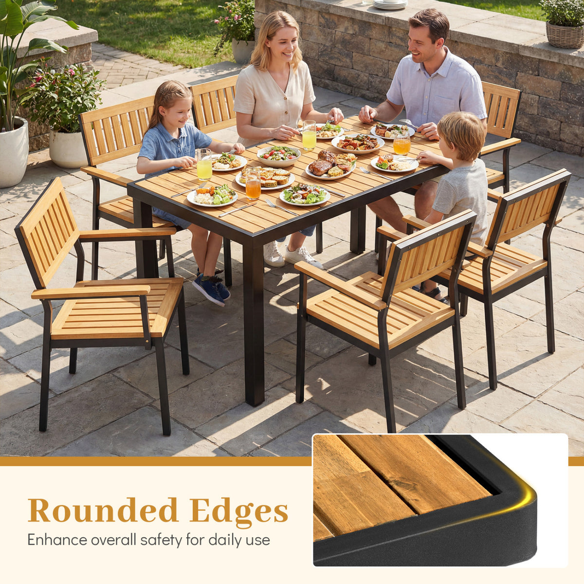 7-Piece Outdoor Dining Set for 6 with Acacia Table & Armchairs and