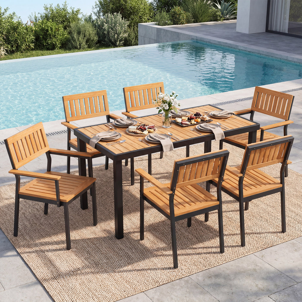 7-Piece Outdoor Dining Set for 6 with Acacia Table & Armchairs and