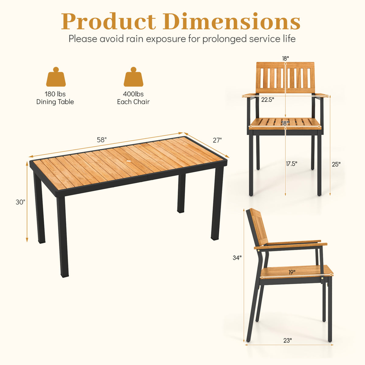 7-Piece Outdoor Dining Set for 6 with Acacia Table & Armchairs and