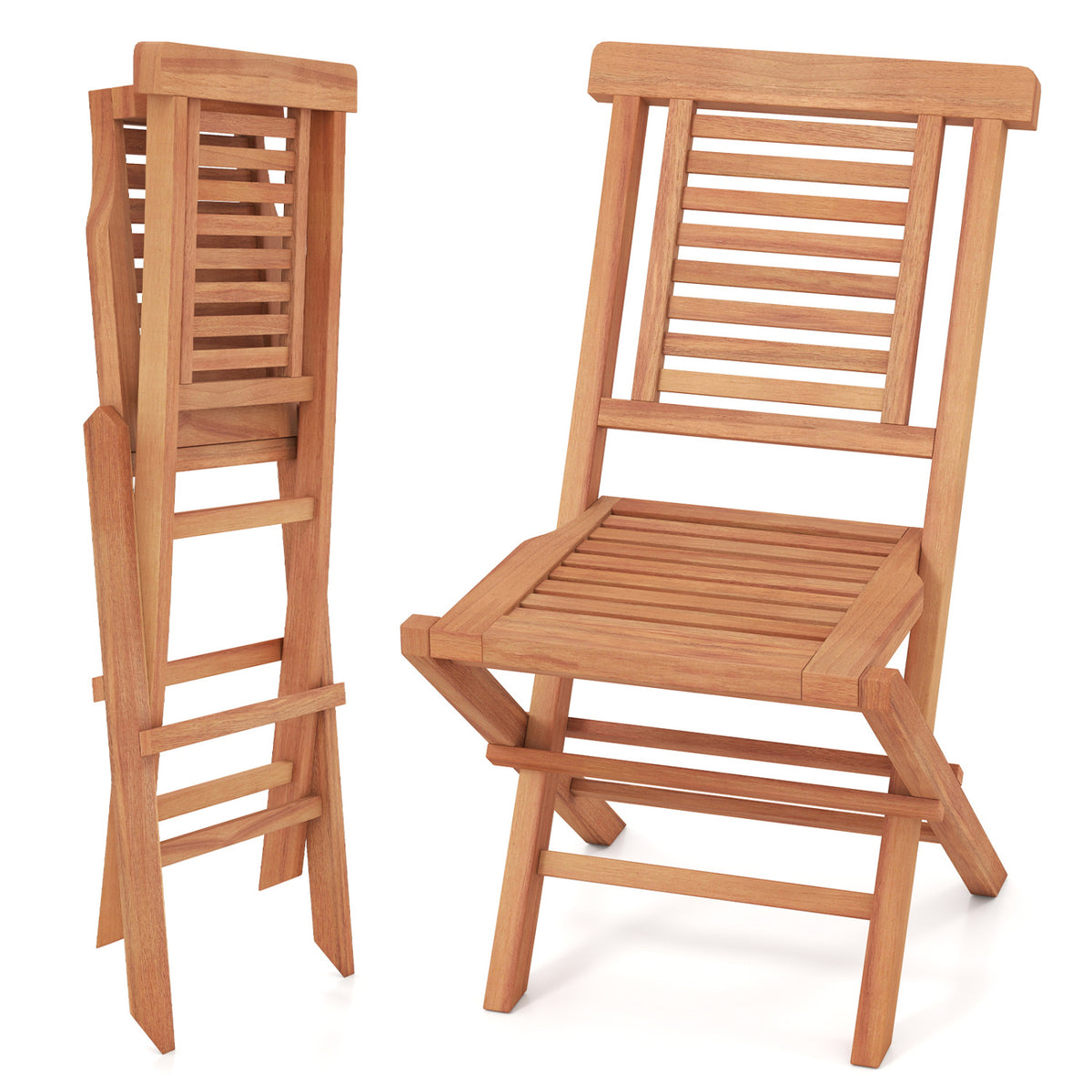 Teak Wood Folding Patio Chairs Set of 2 with X-Support & High