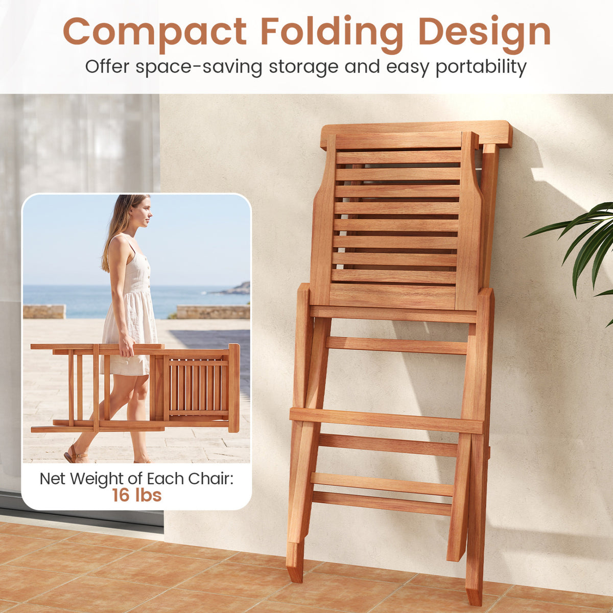 Teak Wood Folding Patio Chairs Set of 2 with X-Support & High