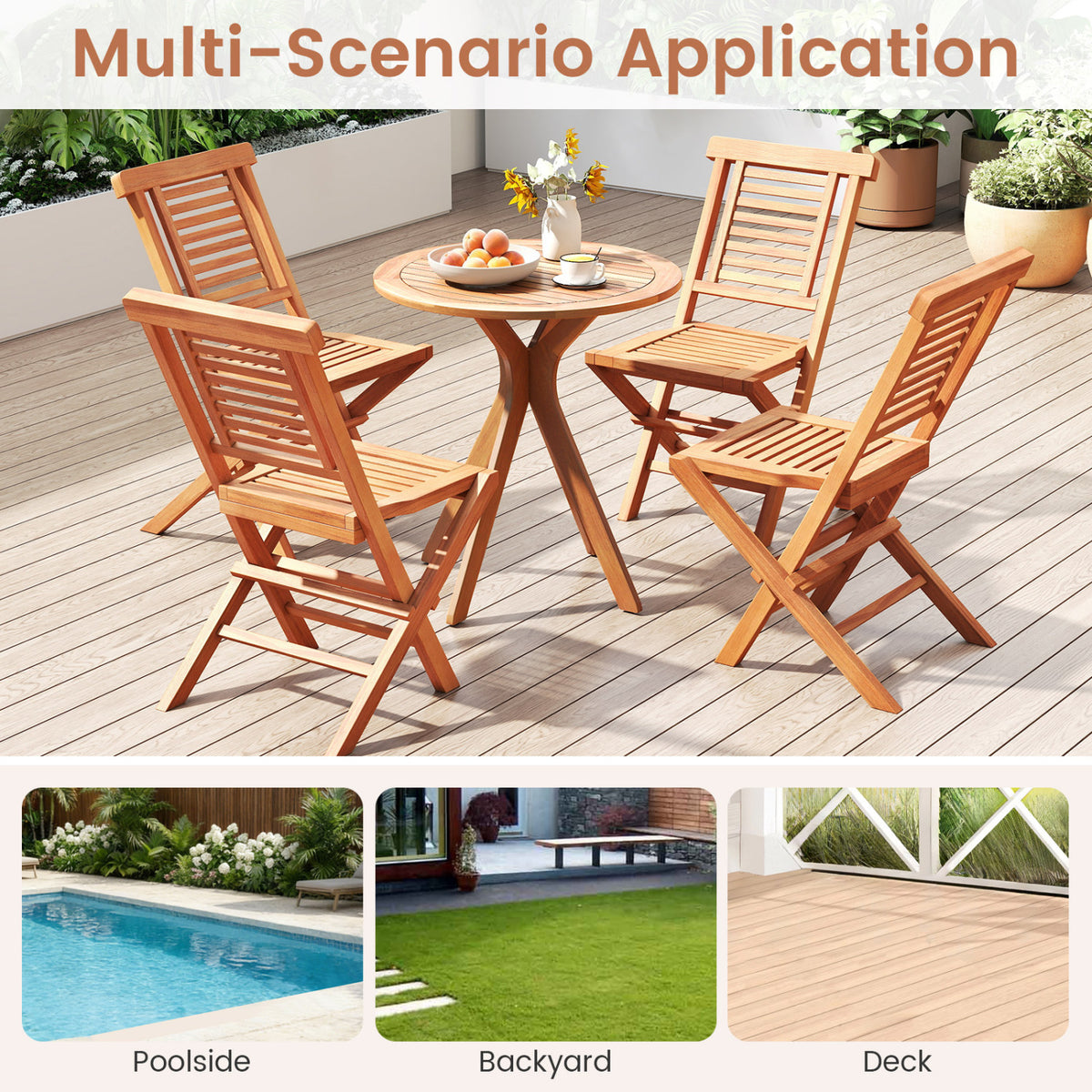 Teak Wood Folding Patio Chairs Set of 2 with X-Support & High