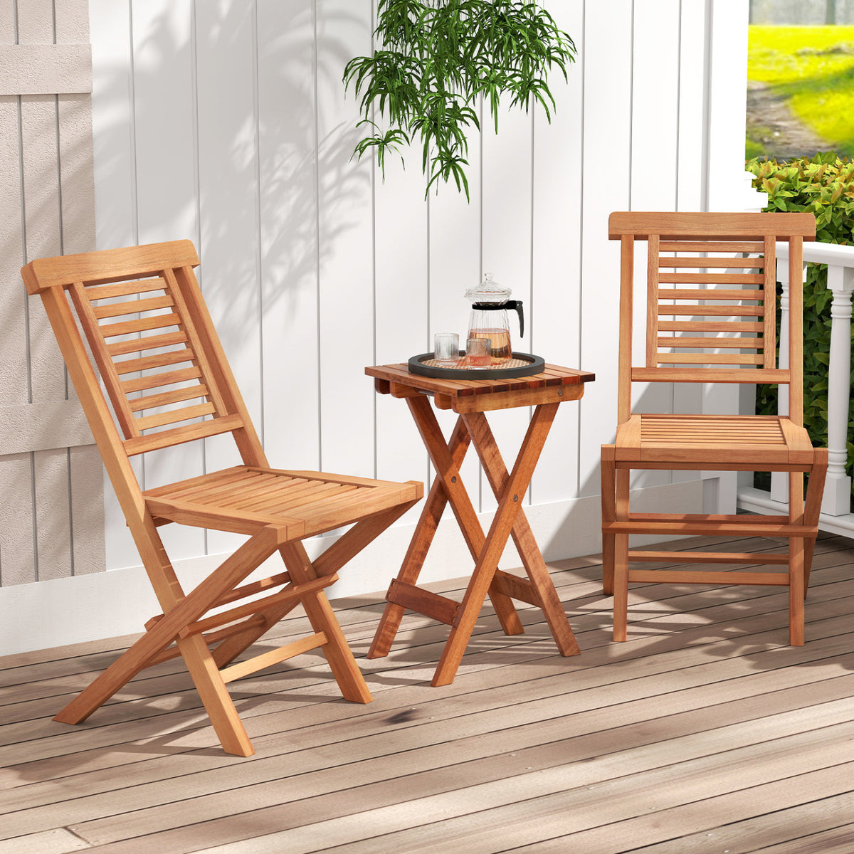 Teak Wood Folding Patio Chairs Set of 2 with X-Support & High