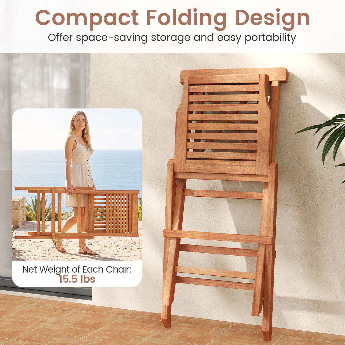 Teak Wood Folding Patio Chairs Set of 2 with Sturdy Frame & Comfort